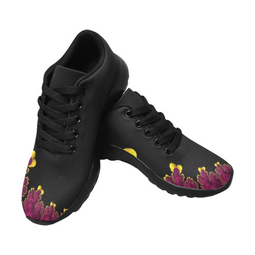 Purple Mauve and Yellow Fringe on Black Fractal Abstract Men’s Running Shoes (Model 020)