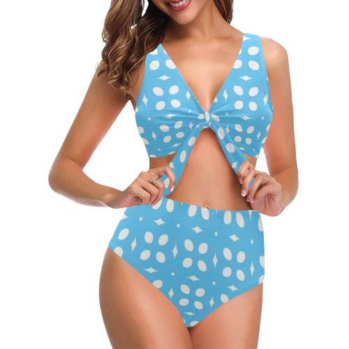 Blue and white Abstract Chest Bowknot Bikini Swimsuit (Model S33)