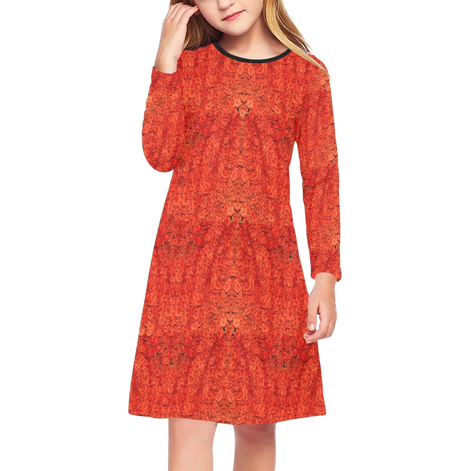 orange roses Girls' Long Sleeve Dress (Model D59)
