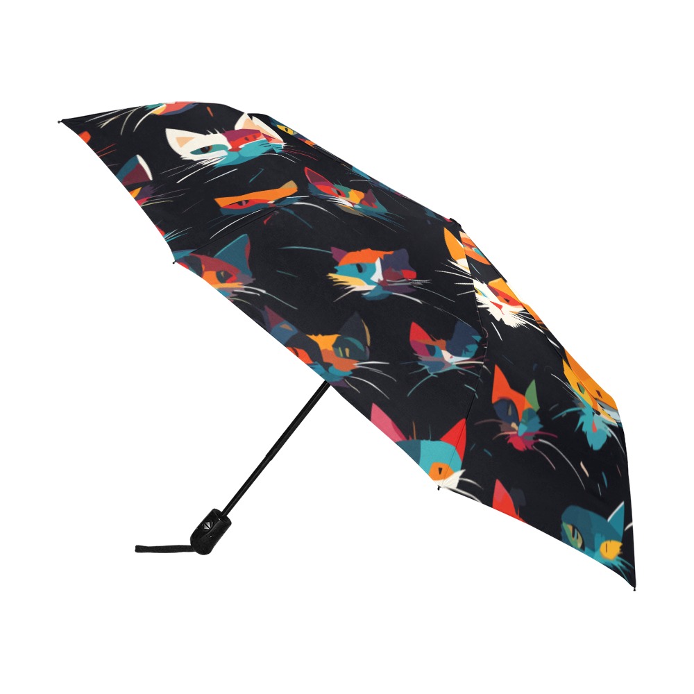 Cat faces on black funny modernistic abstract art. Anti-UV Auto-Foldable Umbrella (U09)