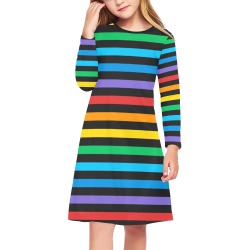Colorful Stripes - Rainbow Stripes on Black Girls' Long Sleeve Dress (Model D59)