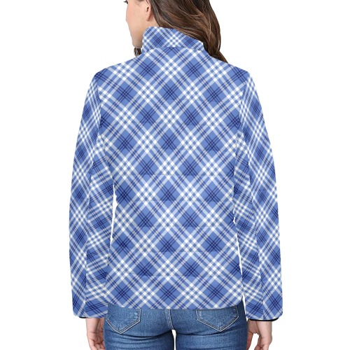 Tartan Plaid Blue Women's Stand Collar Padded Jacket (Model H41)