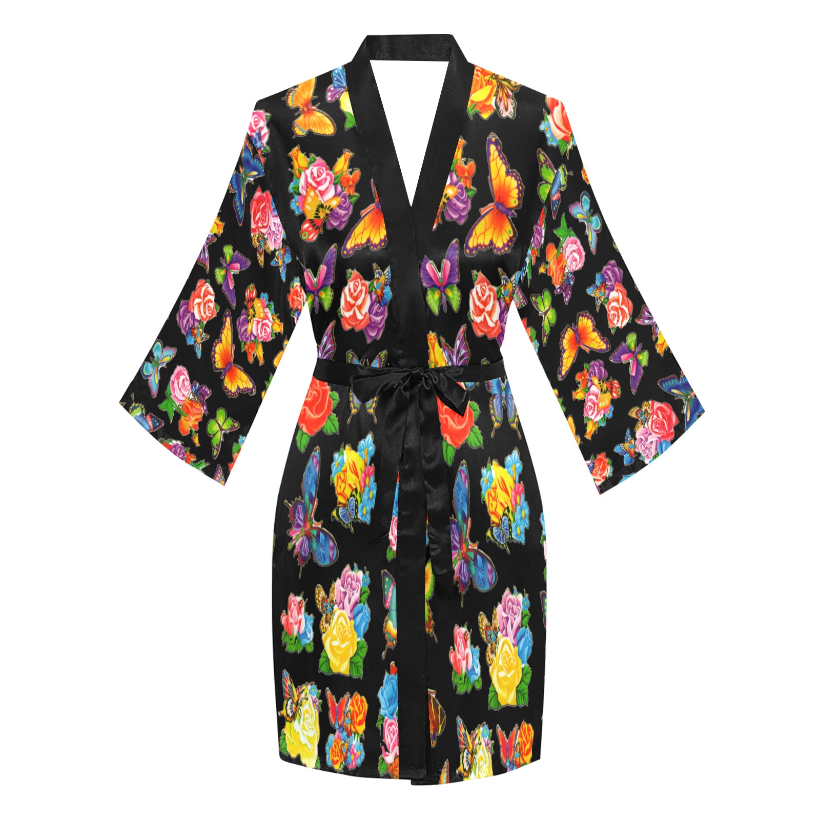 Beautiful Butterflies I on a Black Field Long Sleeve Kimono Robe