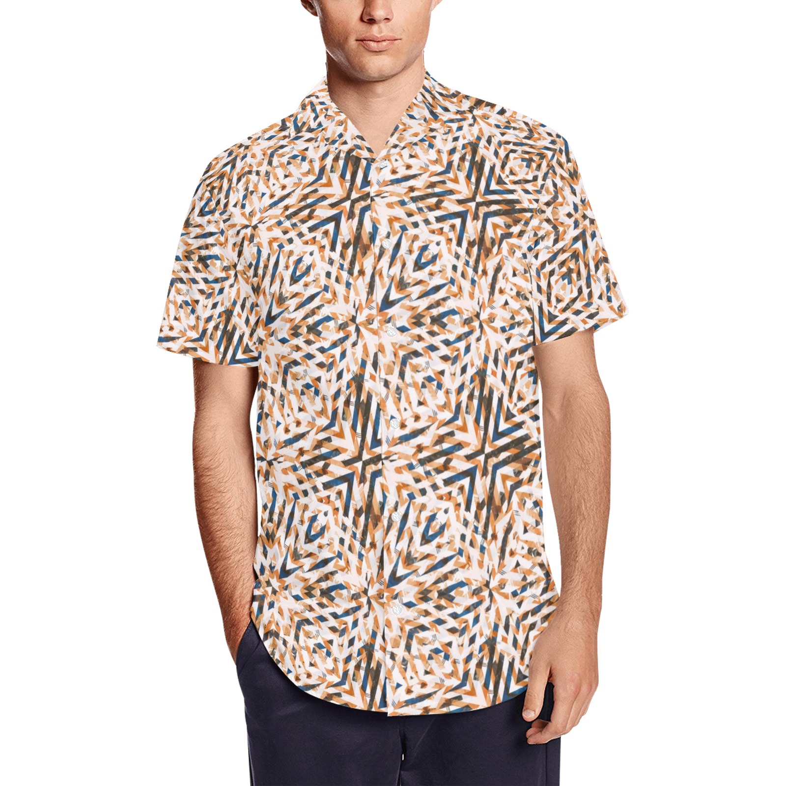 Geometric vintage mosaic 23 Men's Short Sleeve Shirt with Lapel Collar (Model T54)