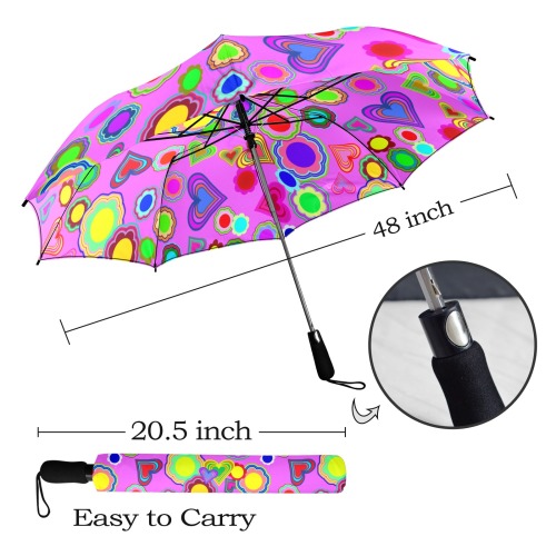 Groovy Hearts and Flowers Pink Semi-Automatic Foldable Umbrella (Model U12)