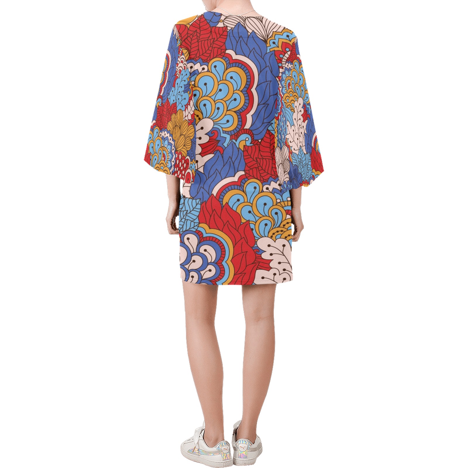 Gorgeous Abstract Vintage Retro Paisley Floral Bell Sleeve Dress (Model D52)