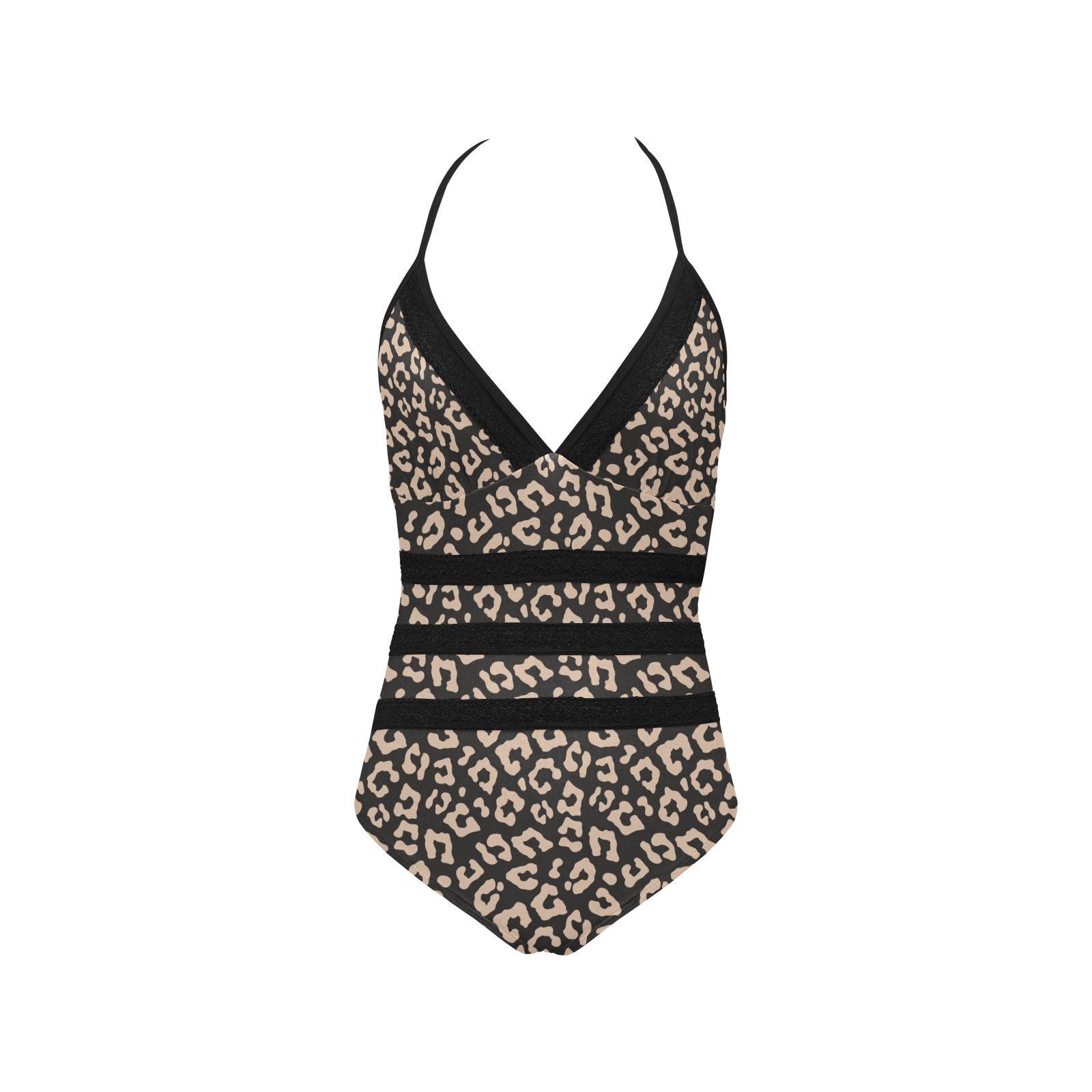 Leopard and Lace Halter Style One Piece Swim Suit Lace Band Embossing Swimsuit (Model S15)