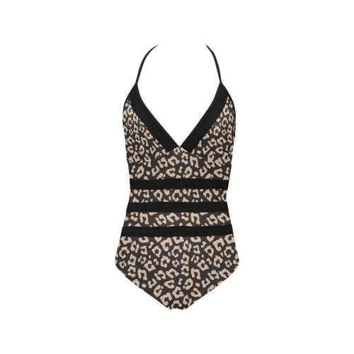 Leopard and Lace Halter Style One Piece Swim Suit Lace Band Embossing Swimsuit (Model S15)