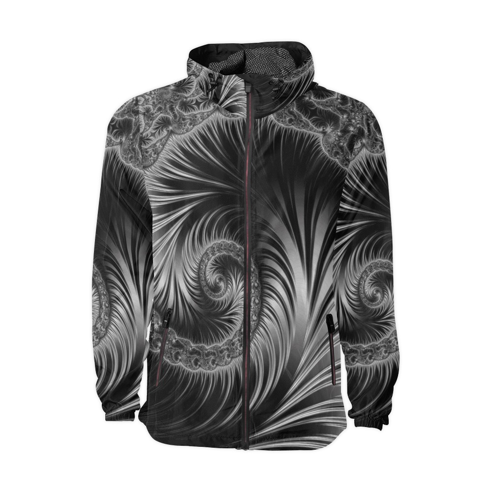 Black and Silver Spiral Fractal Abstract Unisex All Over Print Windbreaker (Model H23)