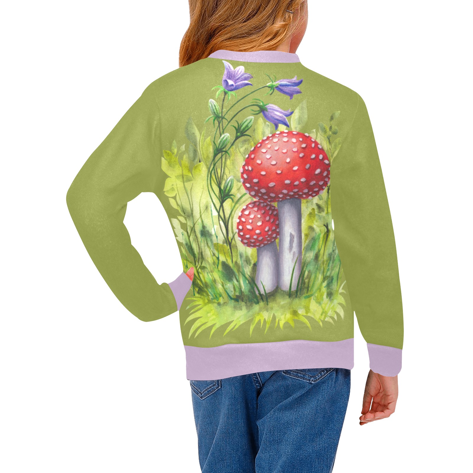 Red Mushroom Violet Flower Floral Watercolors Iva West Girls' All Over Print Crew Neck Sweater (Model H49)