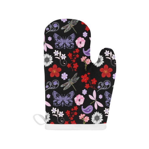 Black, Red, Pink, Purple, Dragonflies, Butterfly and Flowers Design Linen Oven Mitt (Two Pieces)