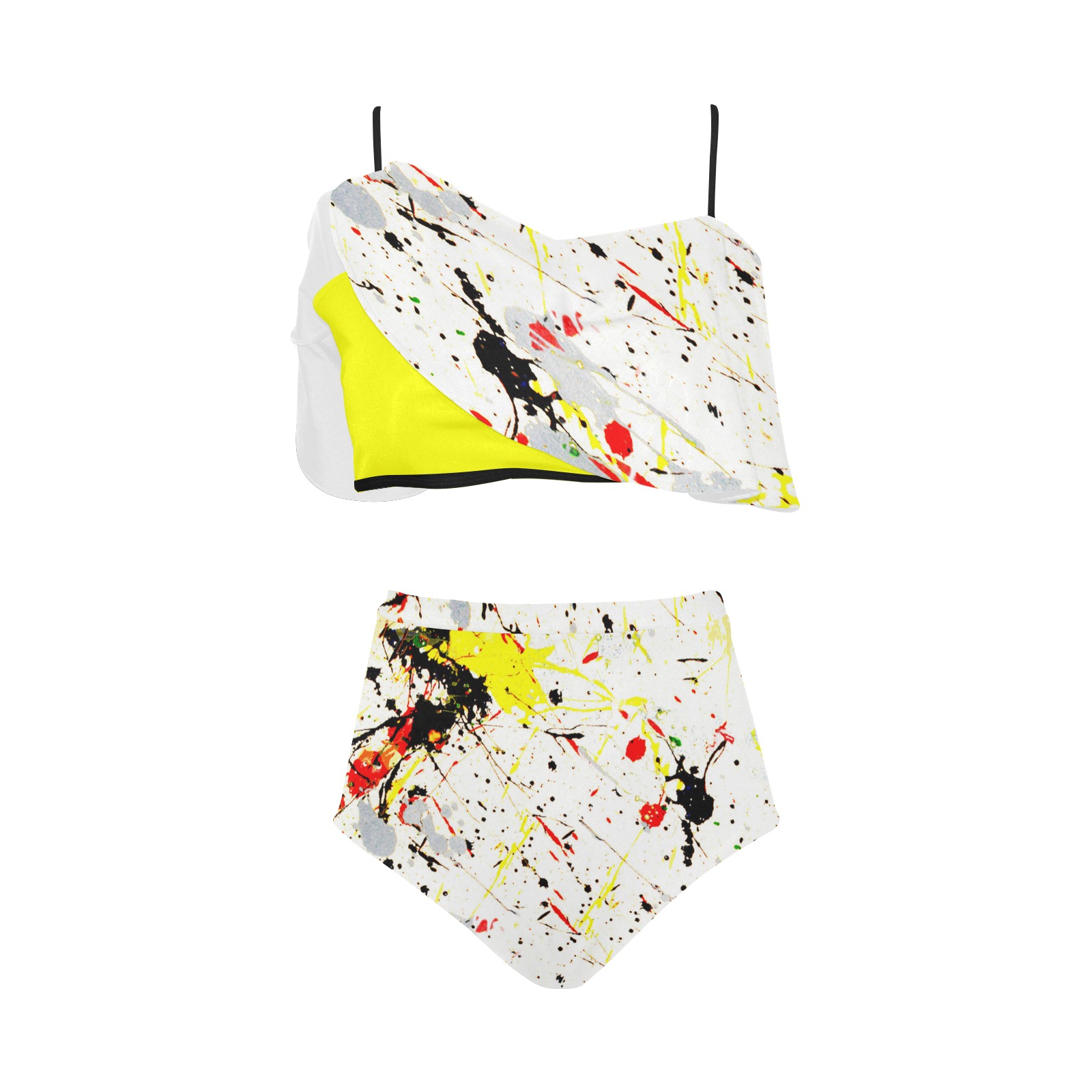 Yellow & Black Paint Splatter - Yellow High Waisted Ruffle Bikini Set (Model S13)