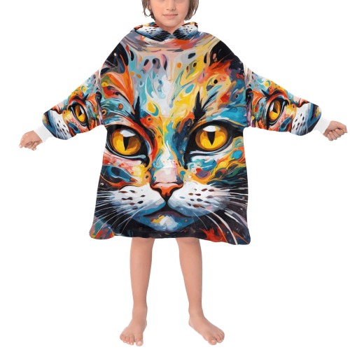 Fantasy cat face and decorative flowers art. Blanket Hoodie for Kids