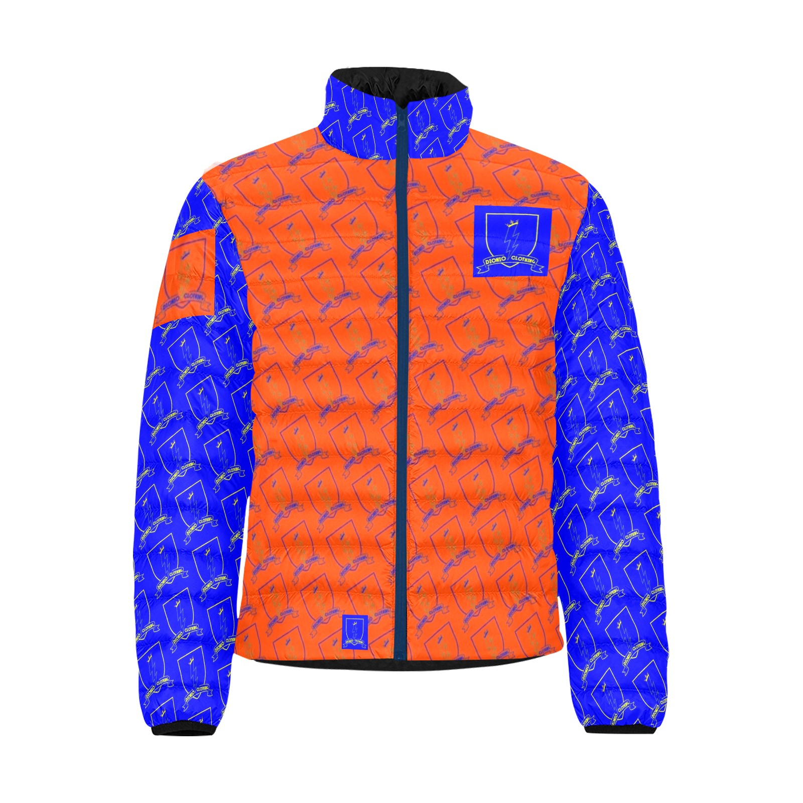 DIONIO Clothing - Lightning Shield Puffy Jacket (Orange & Blue, Blue & Yellow Logo) Men's Stand Collar Padded Jacket (Model H41)