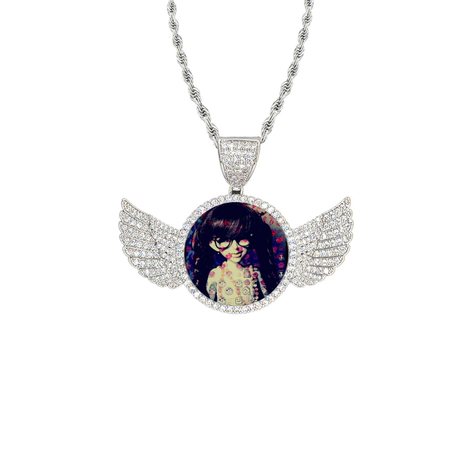 retro girl Wings Silver Photo Pendant with Rope Chain