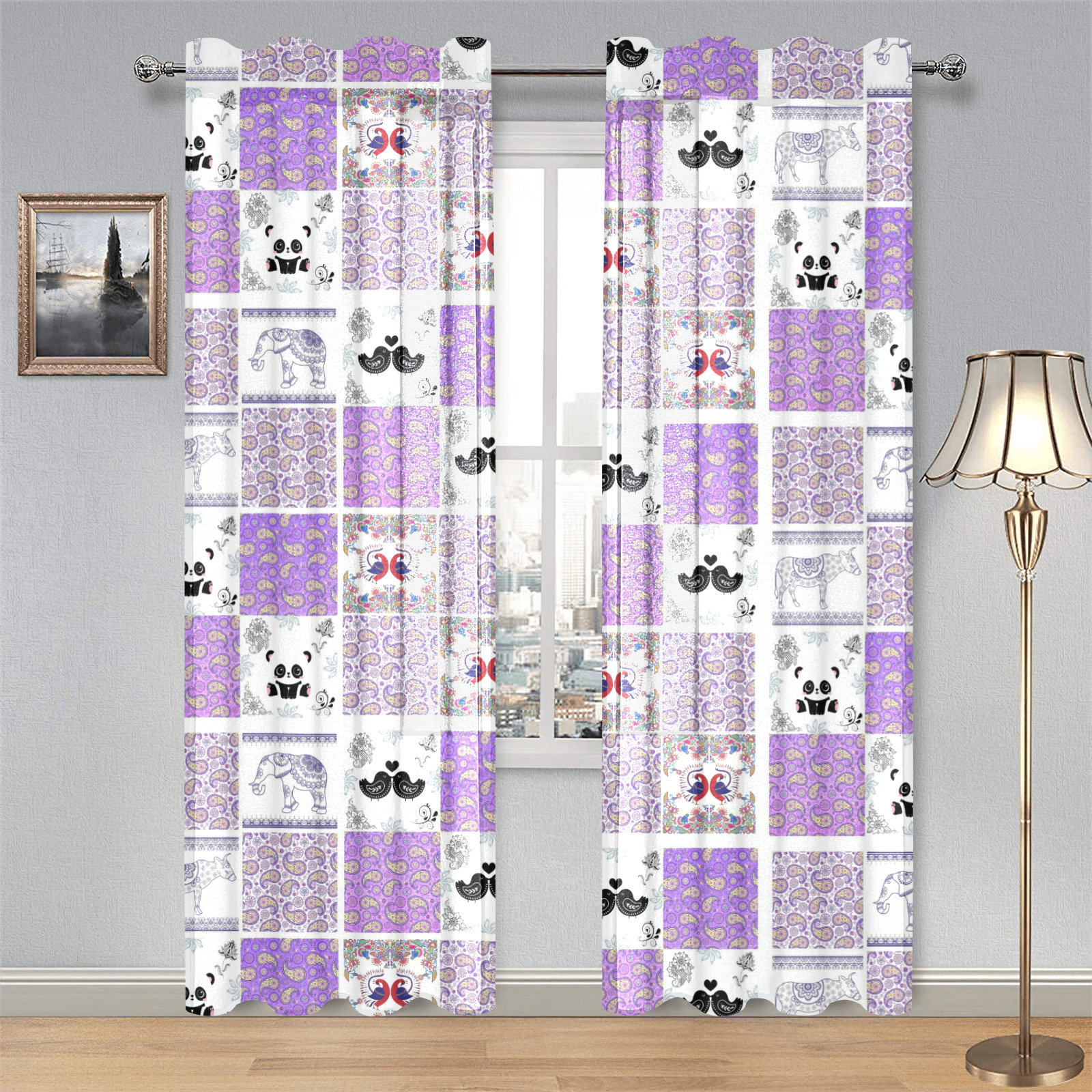 Purple Paisley Birds and Animals Patchwork Design Gauze Curtain 28"x84" (Two-Piece)