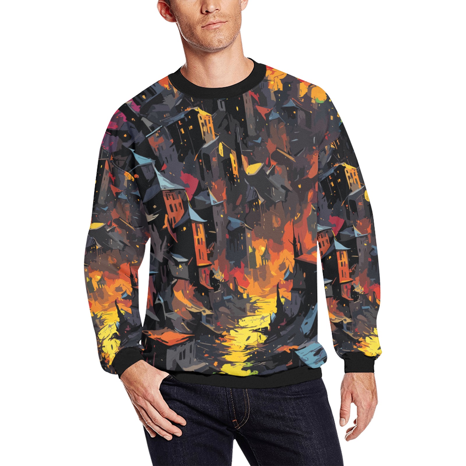 Dark fantasy city. Buildings and colors on black Men's Oversized Fleece Crew Sweatshirt (Model H18)