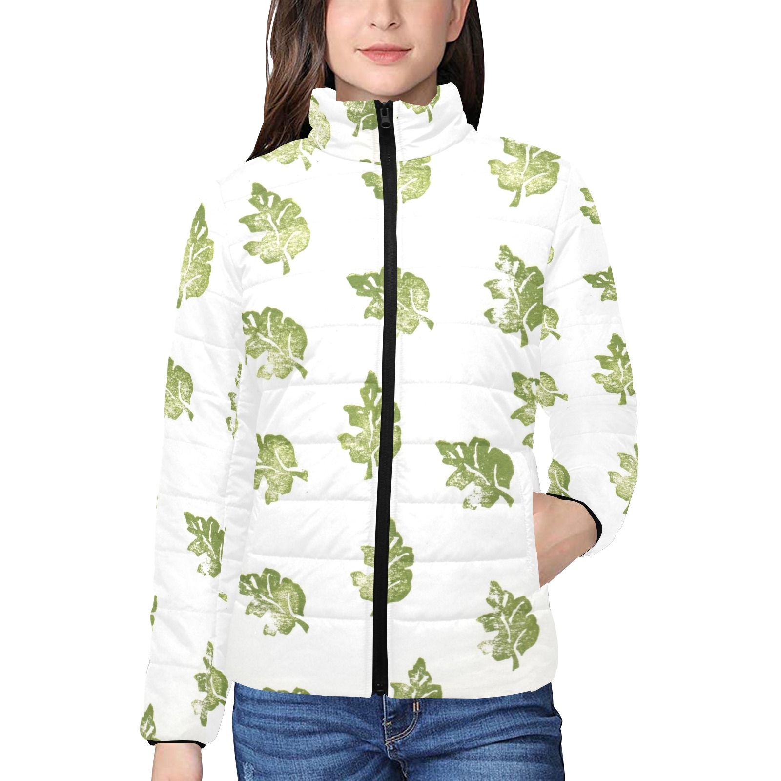 Light Green Leaves Pattern Women's Stand Collar Padded Jacket (Model H41)