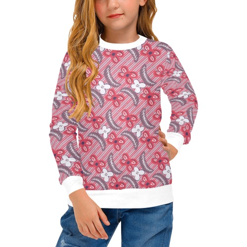 Red floral pattern Girls' All Over Print Crew Neck Sweater (Model H49)