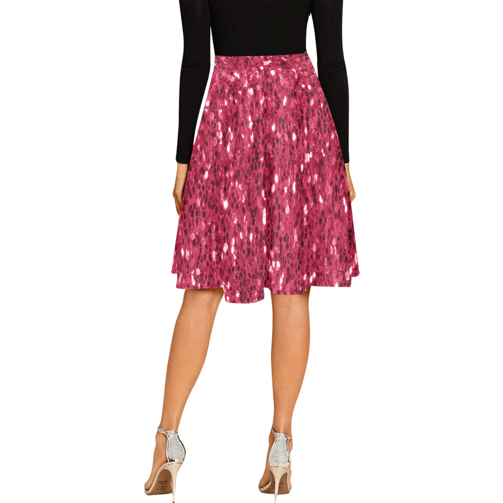 Magenta dark pink red faux sparkles glitter Melete Pleated Midi Skirt (Model D15)