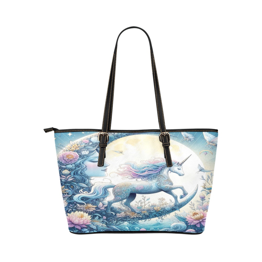 Unicorn And The Moon Leather Tote Bag/Large (Model 1651)