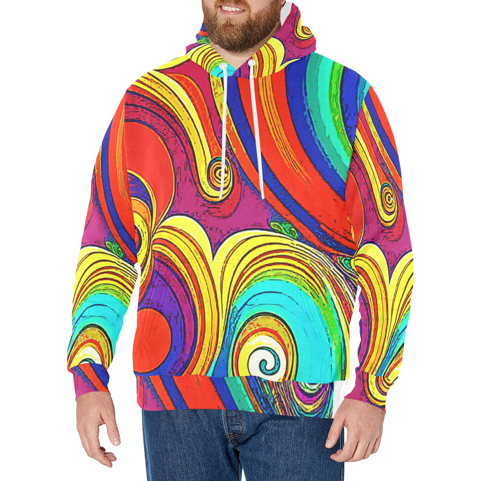 Colorful Groovy Rainbow Swirls Men's Fleece Hoodie w/ White Lining Hood (Model H55)