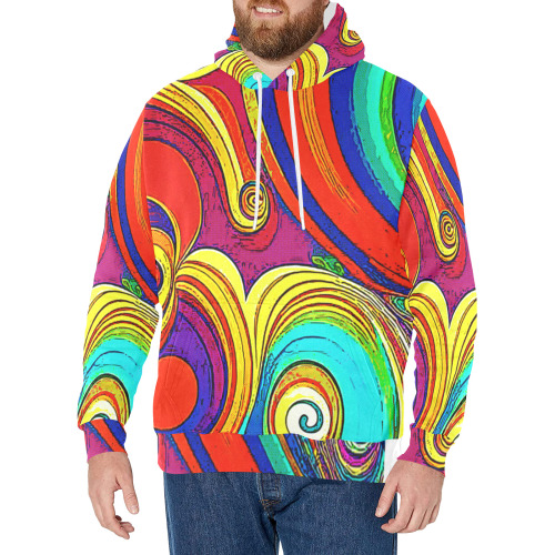 Colorful Groovy Rainbow Swirls Men's Fleece Hoodie w/ White Lining Hood (Model H55)