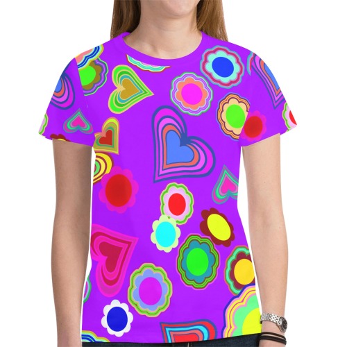 Groovy Hearts Flowers Pattern Purple New All Over Print T-shirt for Women (Model T45)