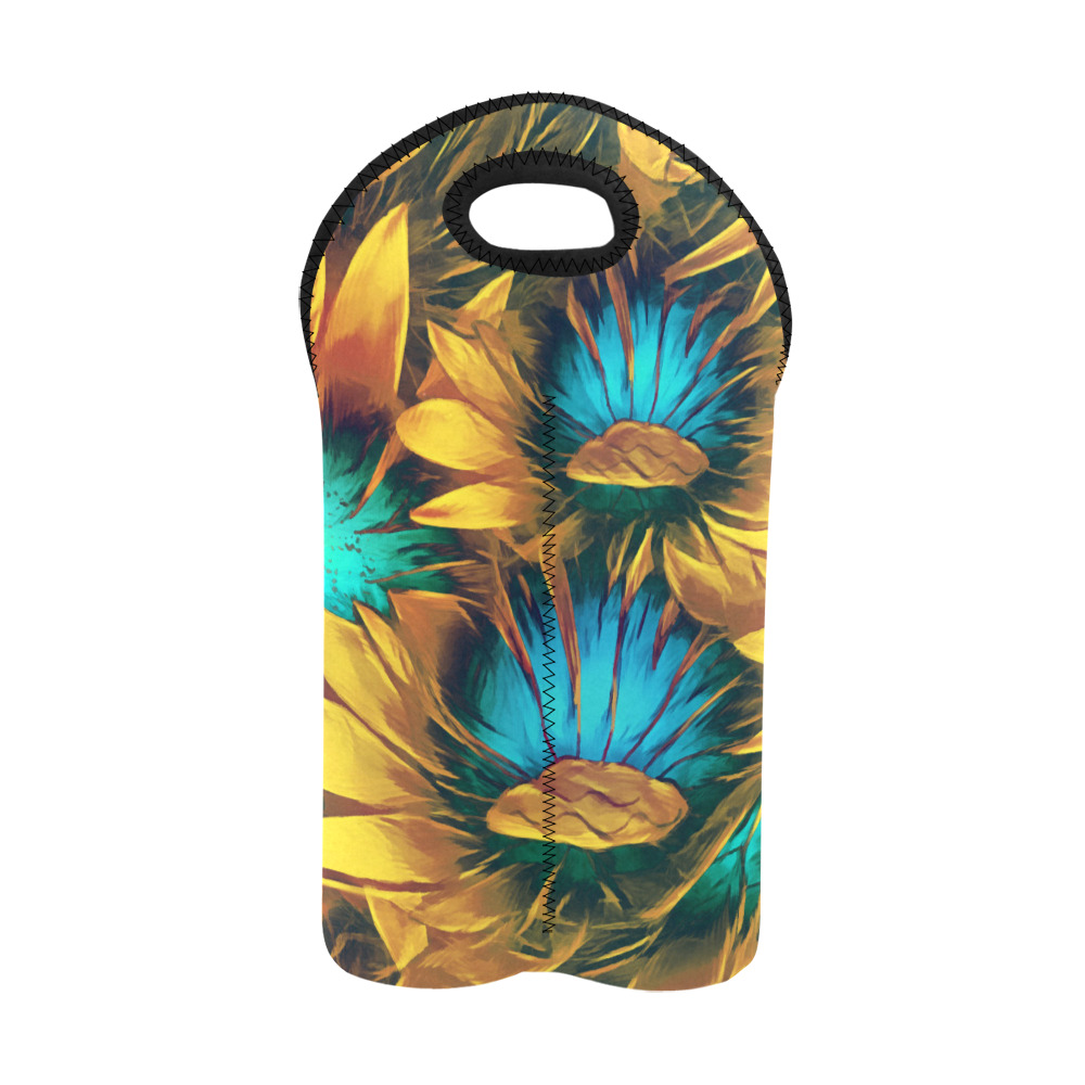 Yellow and Aqua Sun Flowers 2-Bottle Neoprene Wine Bag