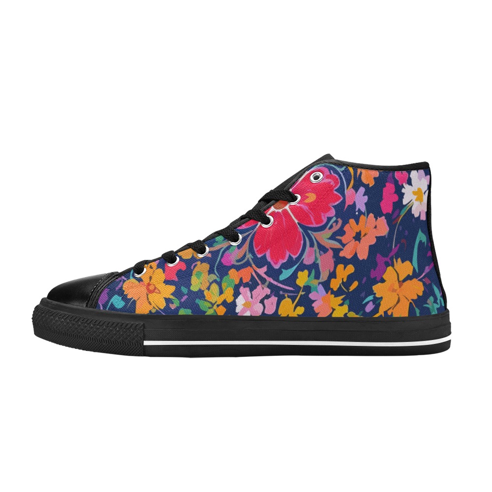 Chraming pattern of colorful flowers on navy blue. Women's Classic High Top Canvas Shoes (Model 017)
