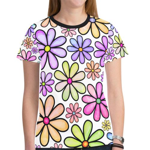 Watercolor Rainbow Doodle Daisy Flower Pattern New All Over Print T-shirt for Women (Model T45)