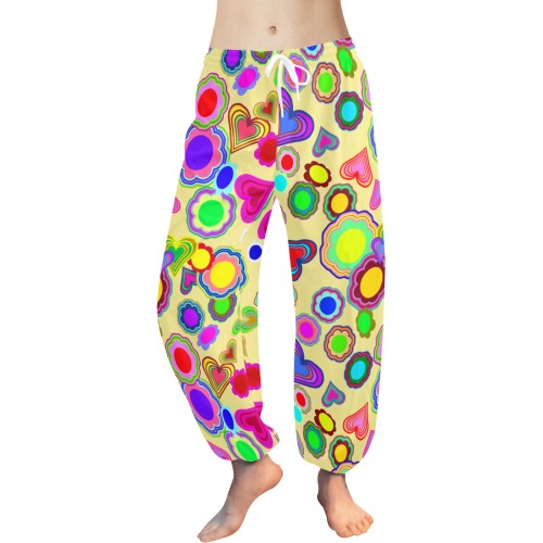 Groovy Hearts and Flowers Yellow Women's All Over Print Harem Pants (Model L18)