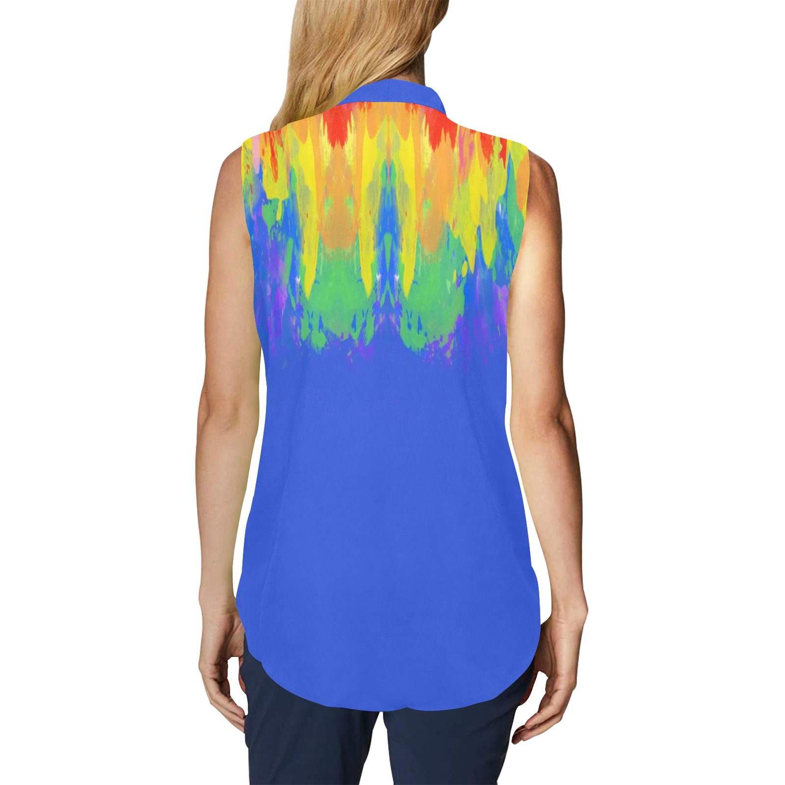 Abstract Paint Flames Blue Women's Bow Tie V-Neck Sleeveless Shirt (Model T69)