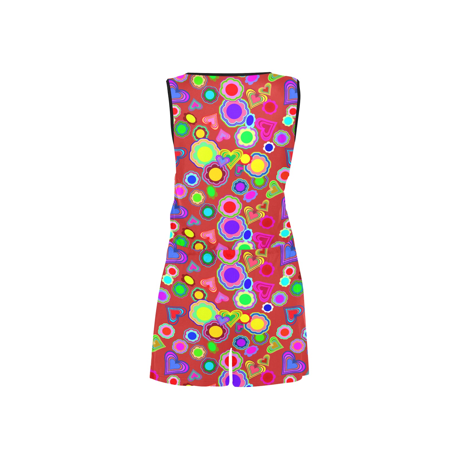 Groovy Hearts and Flowers Red All Over Print Short Jumpsuit
