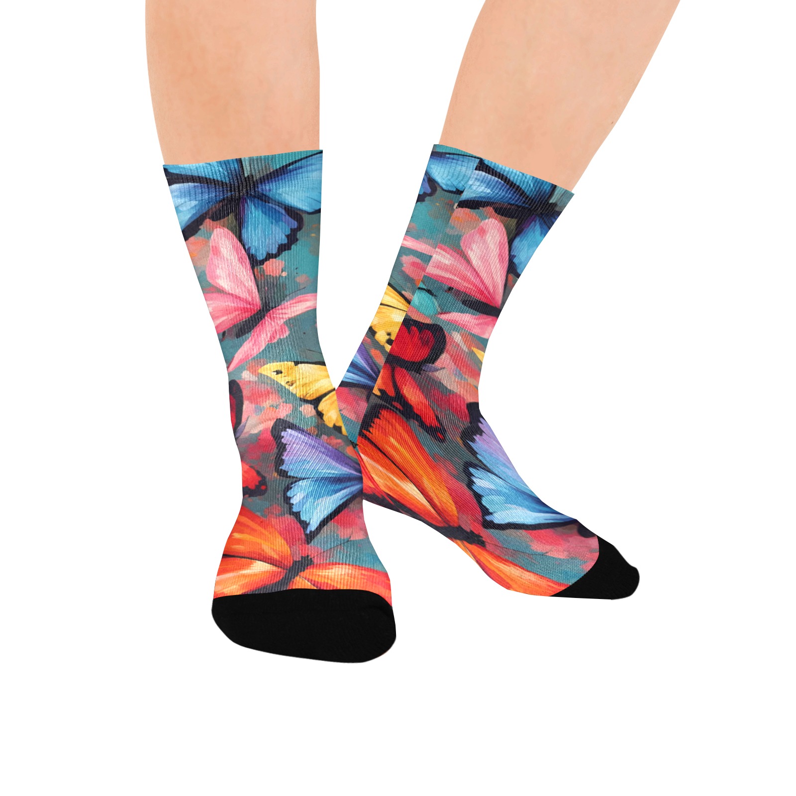 Pattern of red, yellow, blue, pink butterflies Custom Socks for Women