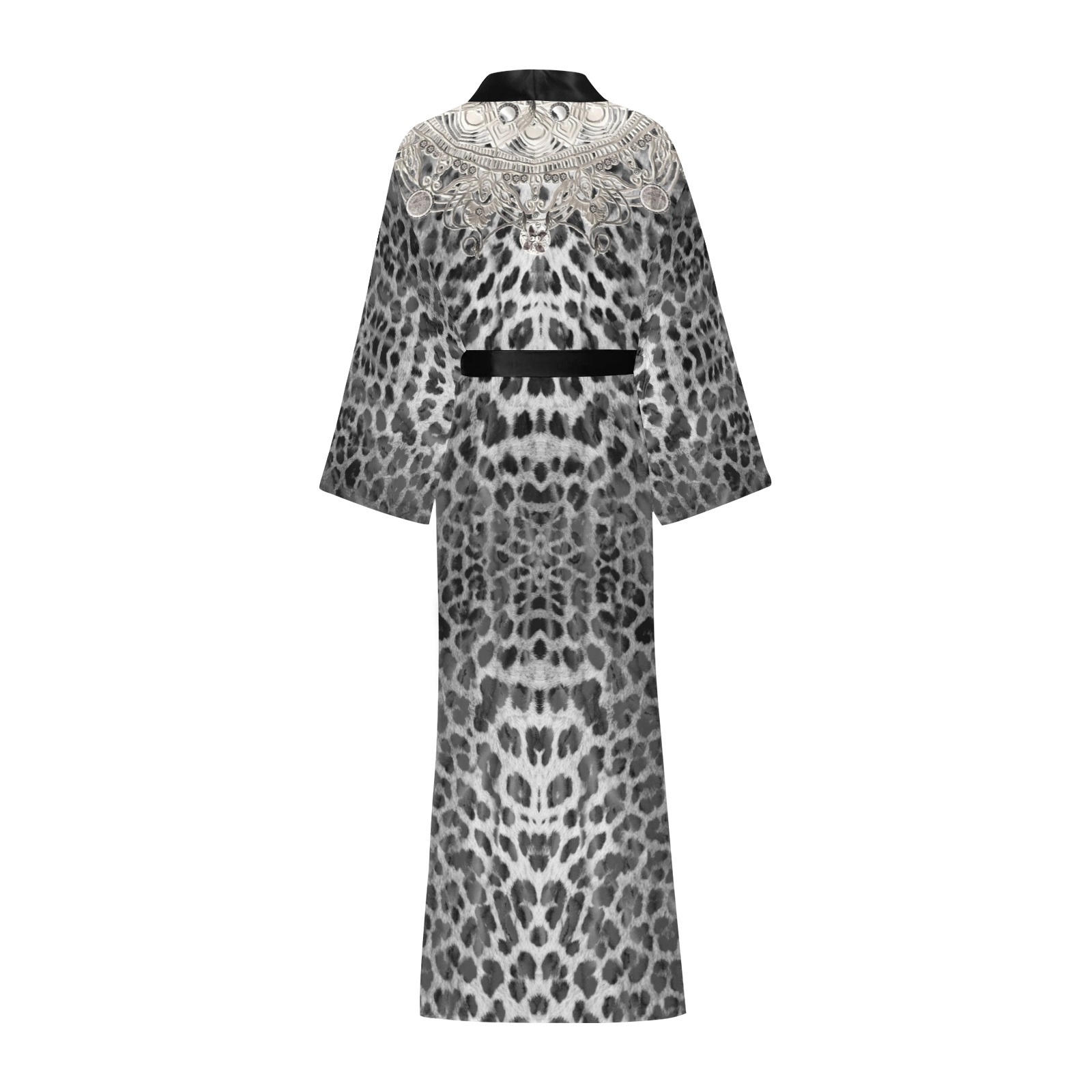 leopard 13-round neck- silver  back Long Kimono Robe
