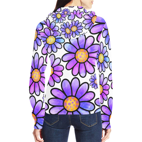 Lilac Watercolor Doodle Daisy Flower Pattern All Over Print Full Zip Hoodie for Women (Model H14)