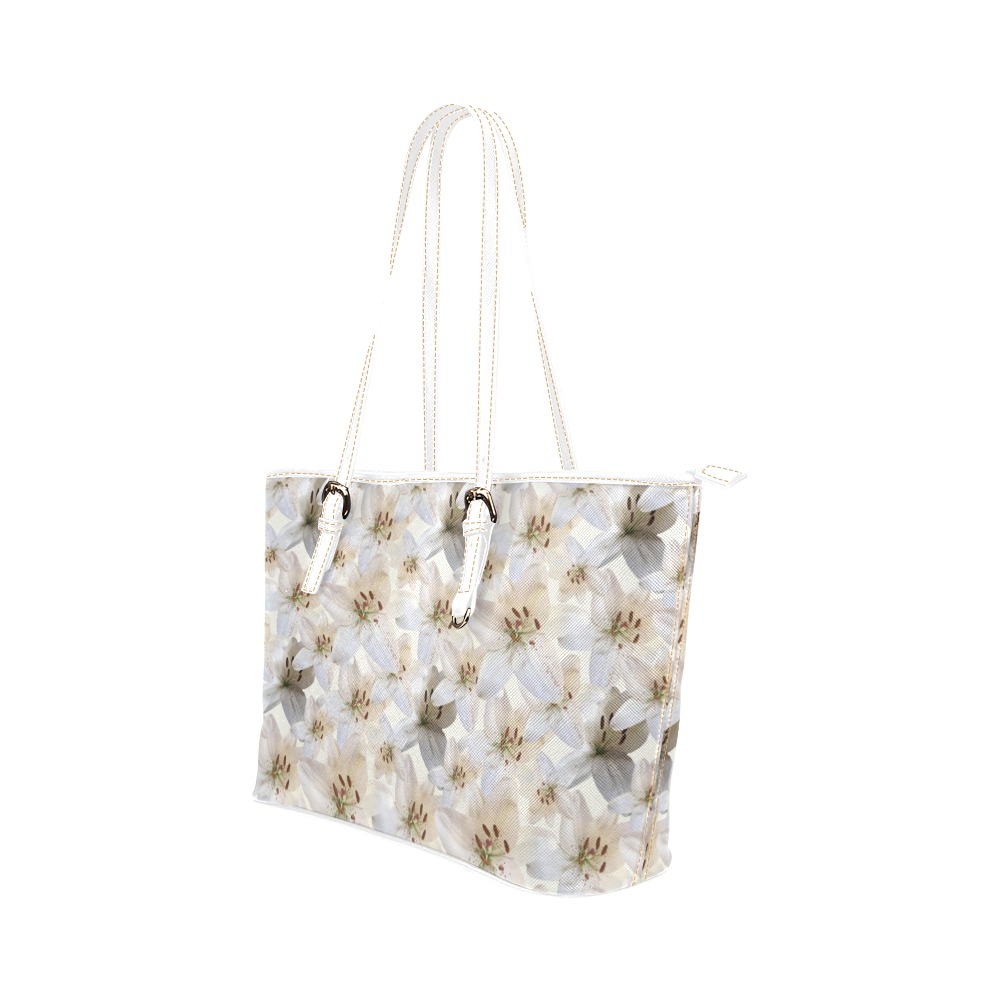White Lillies Leather Tote Bag/Large (Model 1651)
