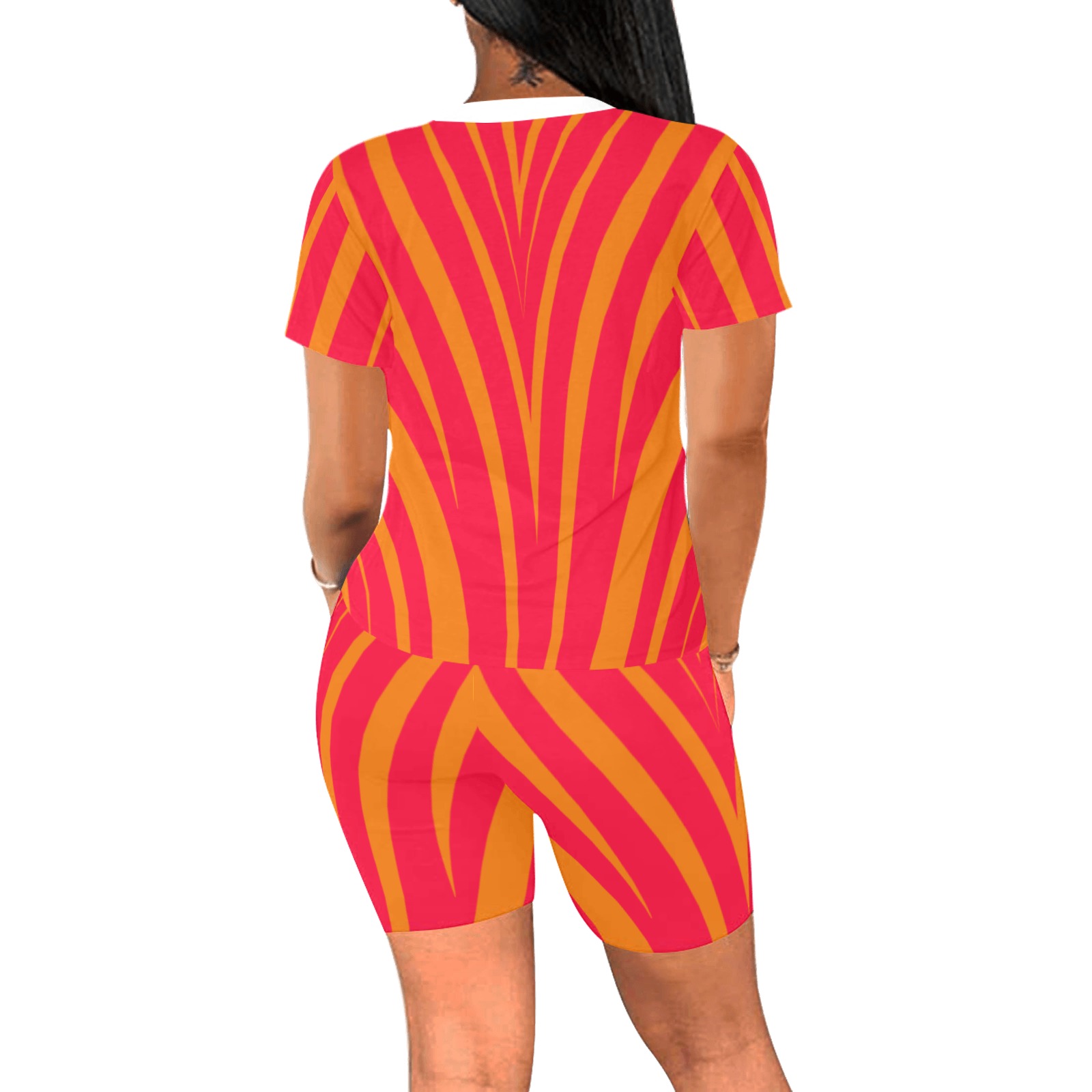 fucsia orange striped Women's Short Yoga Set