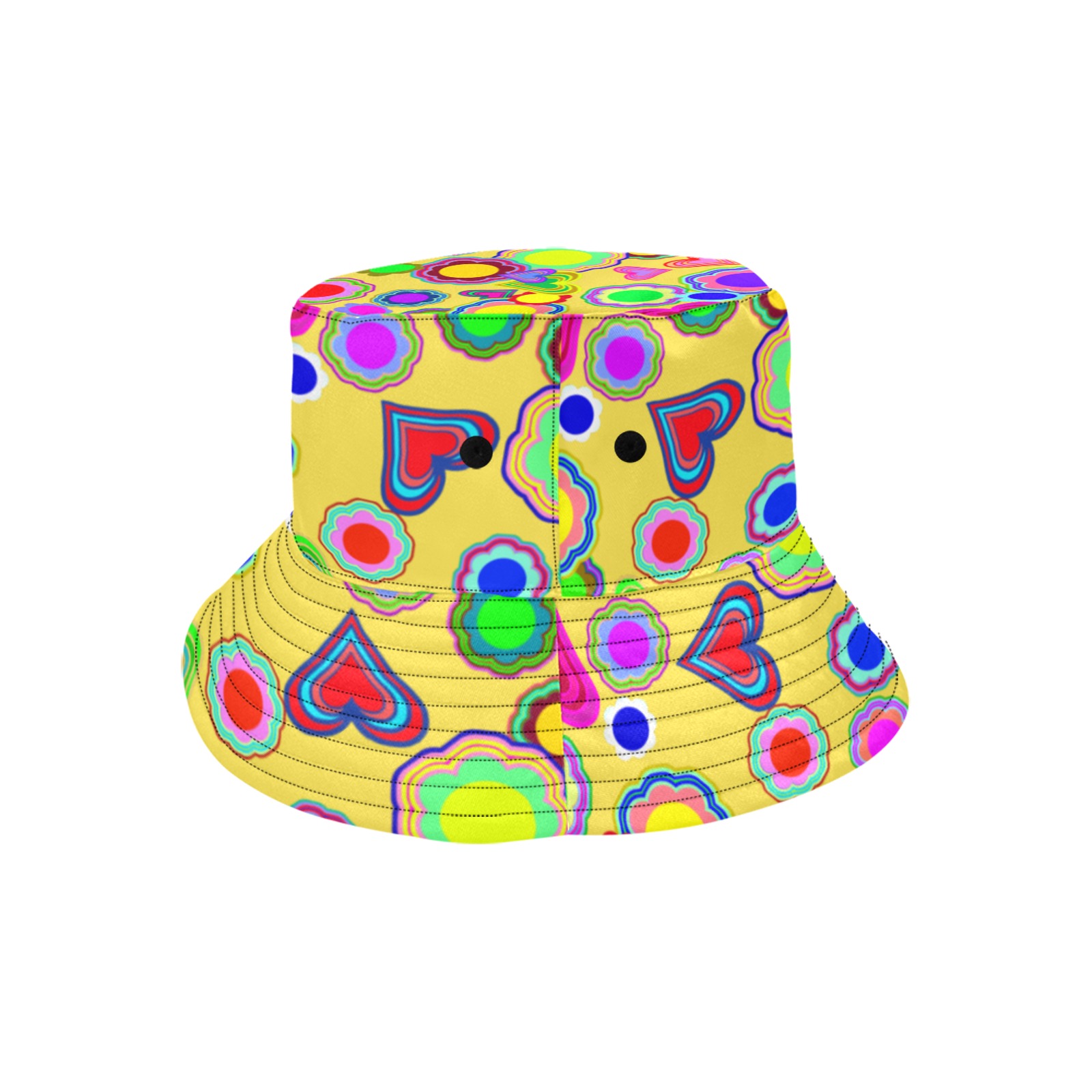 Groovy Hearts and Flowers Yellow Unisex Summer Bucket Hat