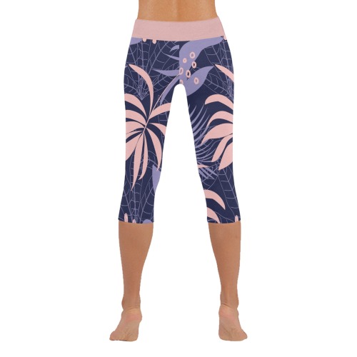 Tropical - Pink Palm Leaves Women's Low Rise Capri Leggings (Invisible Stitch) (Model L08)