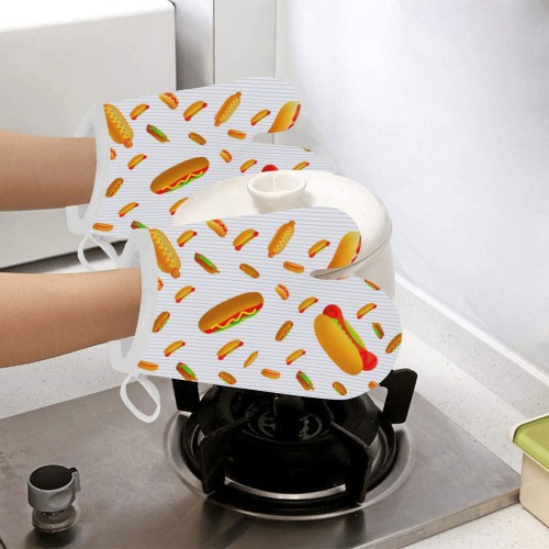 Hot Dogs on Pinstripes Linen Oven Mitt (Two Pieces)