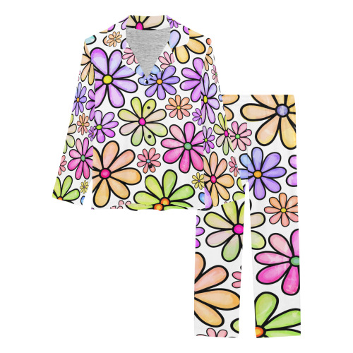 Watercolor Rainbow Doodle Daisy Flower Pattern Women's Long Pajama Set