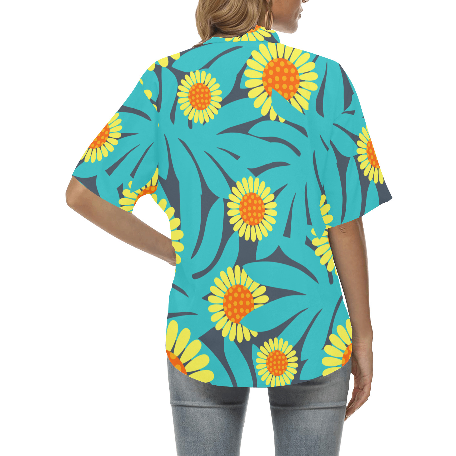 Yellow and Teal Paradise Jungle Flowers and Leaves All Over Print Hawaiian Shirt for Women (Model T58)