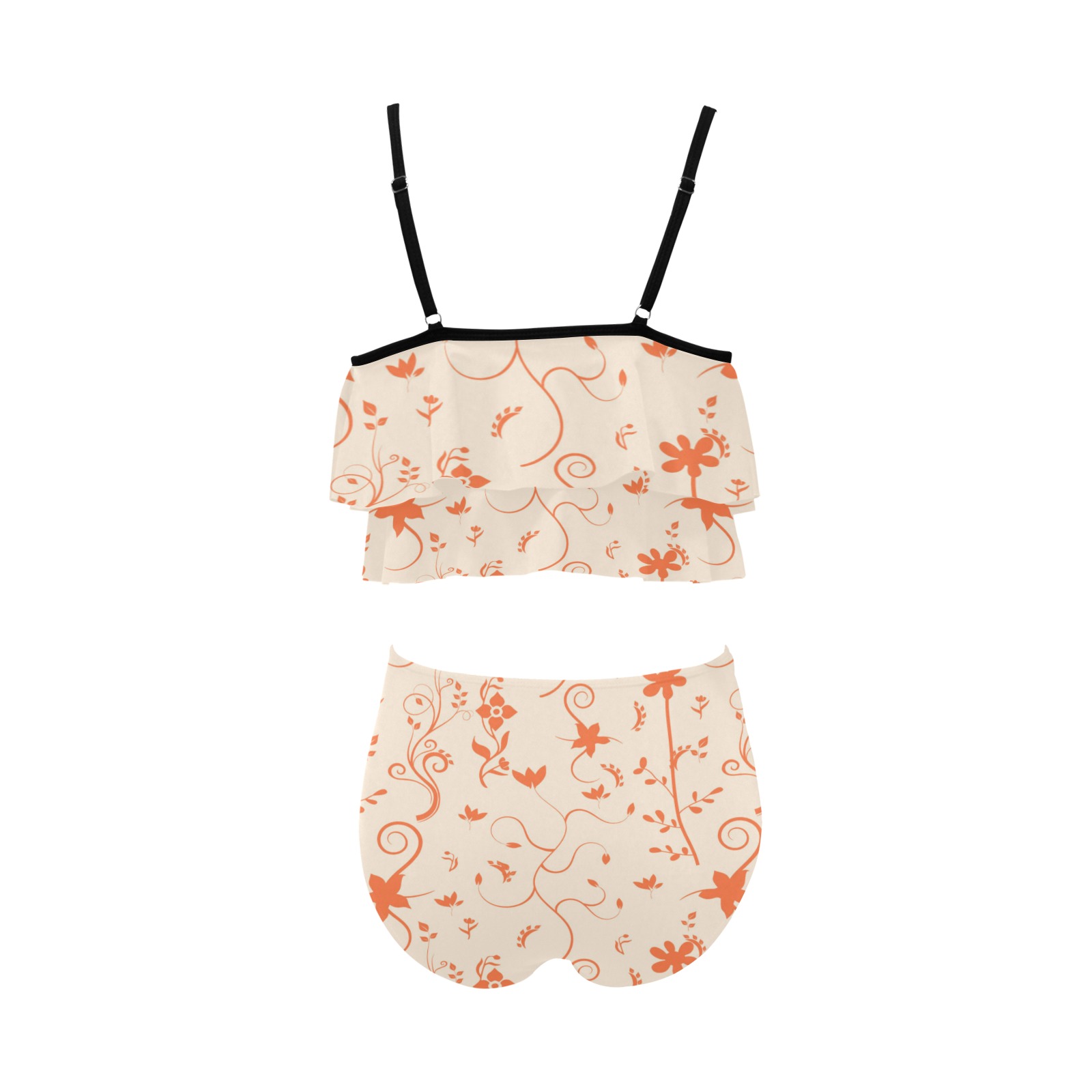 Living Coral Floral Pattern High Waisted Double Ruffle Bikini Set (Model S34)