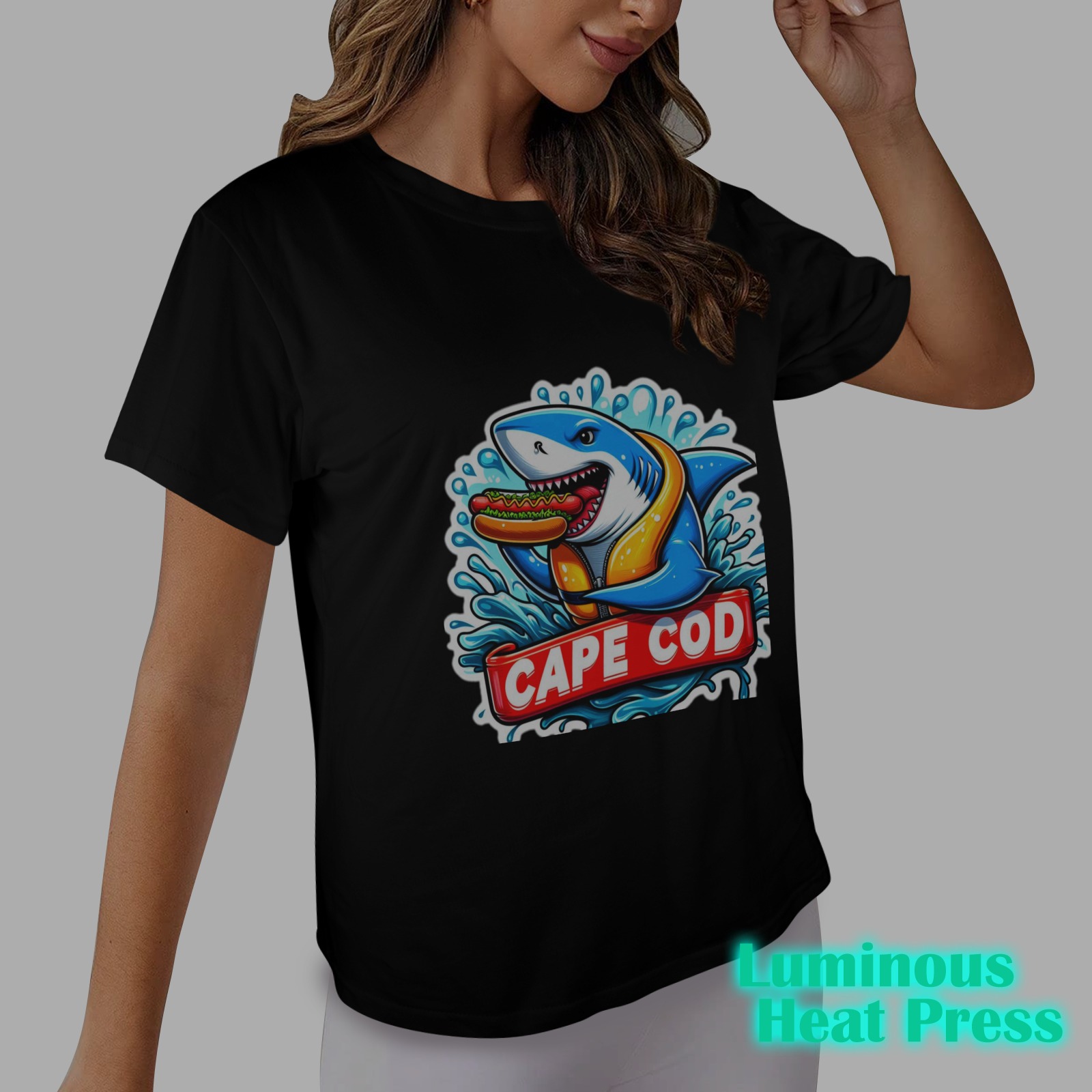 CAPE COD-GREAT WHITE EATING HOT DOG 3 Women's Glow in the Dark T-shirt (Front Printing)