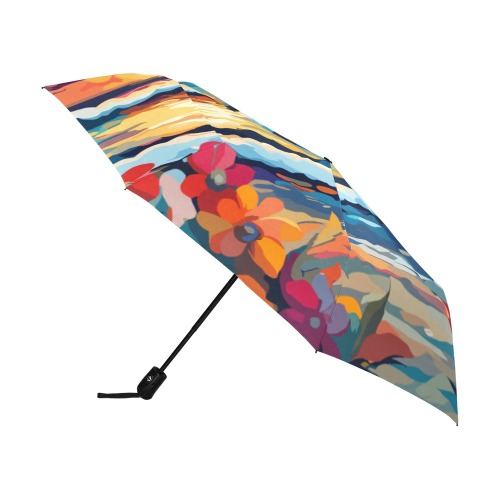 Ocean surf at sunset. Tropical flowers. Cool art. Anti-UV Auto-Foldable Umbrella (U09)