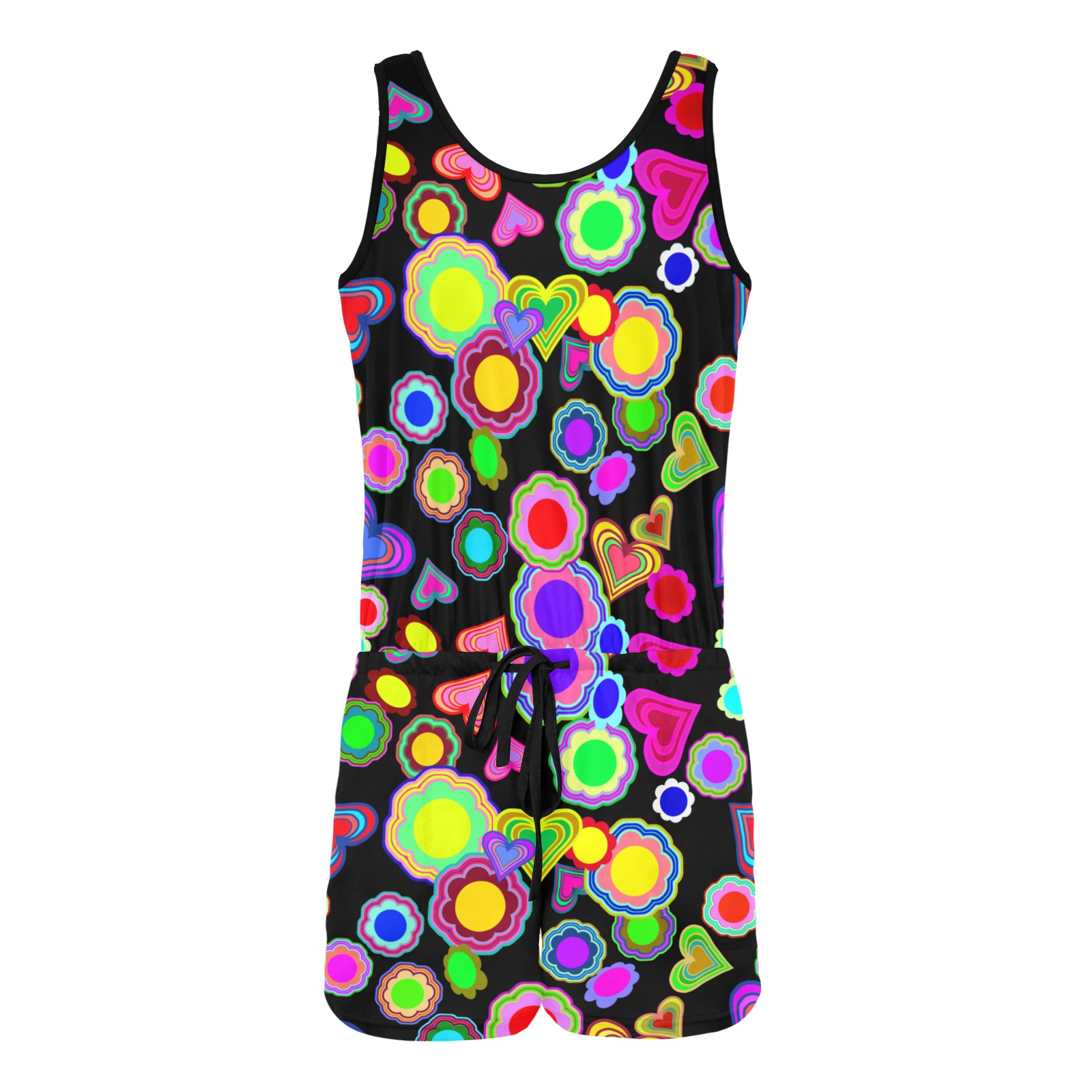 Groovy Hearts and Flowers Black All Over Print Vest Short Jumpsuit