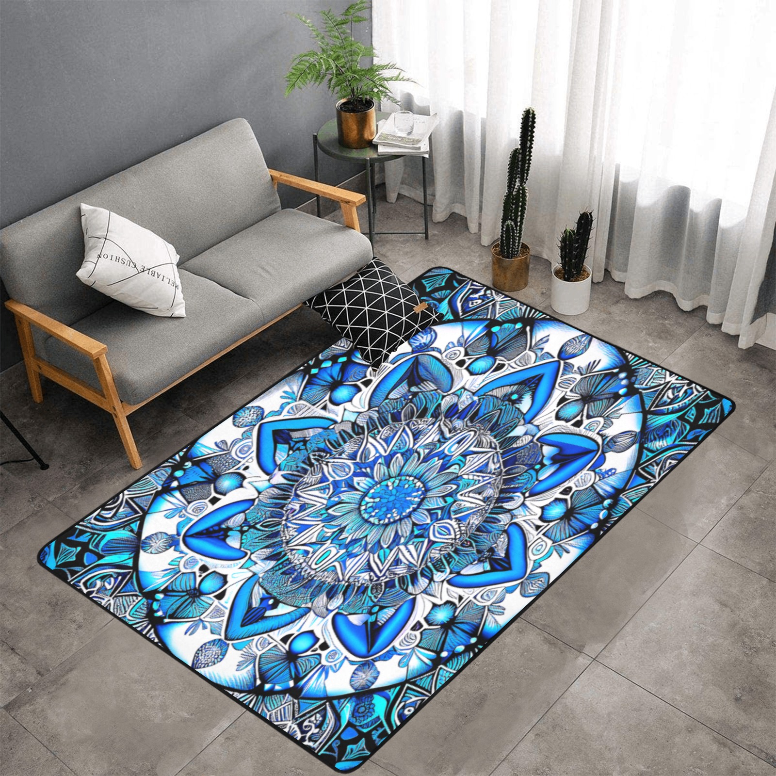 intricate pattern, white and blue Area Rug with Black Binding 7'x5'