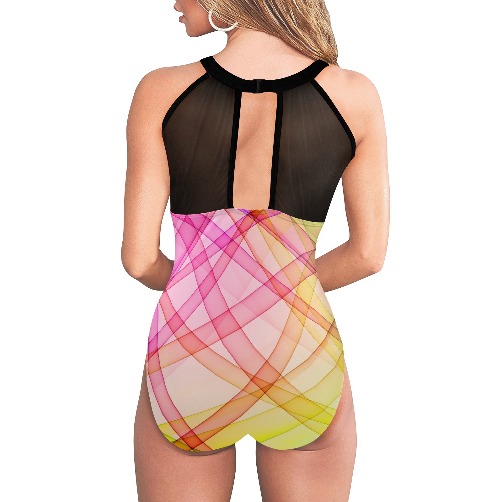 Colorful Geometric Pattern Women's High Neck Plunge Mesh Ruched Swimsuit (S43)